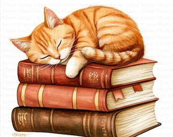 Cat Sleeping on Books Clipart | 5 High Quality JPG&#39;s | Digital Download | Sleeping Cat Art | Book Cat Lover | Junk Journals | Mixed Media