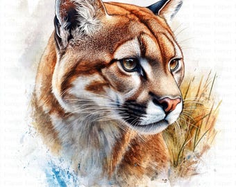 Imágenes prediseñadas de puma / 5 archivos JPG de alta calidad / Descarga digital / Ilustración de vida silvestre / León de montaña / Imágenes prediseñadas de puma en acuarela / Revistas basura
