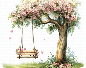 Swing in Tree Clipart | 5 High Quality JPGs | Digital Download | Floral Swing | Printable Watercolor Clipart | High Resolution | Paper Craft
