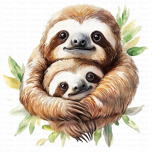 Sloth Clipart | 5 High Quality JPG&#39;s | Digital Download | Lazy Jungle Animal Art | Hanging Tree Illustration | Perfect for Scrapbooking