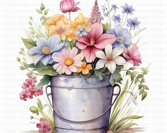 May include: A watercolor painting of a bouquet of flowers in a blue metal bucket. The flowers are pink, yellow, white, and blue. The bucket is sitting on a brown surface.