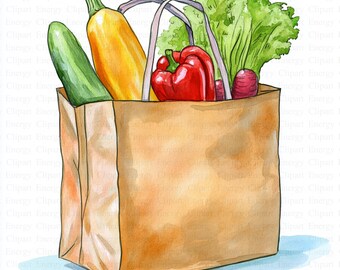 Watercolor Grocery Bag Clipart | 5 High Quality JPG's | Digital Download | Food Shopping Bag | Vegitables Bag | Paper Craft | Clipart Pack