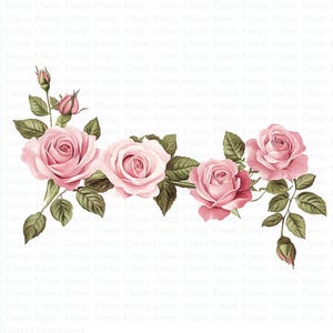 May include: A garland of pink roses with green leaves and buds. The roses are arranged in a horizontal line, with the buds at the ends of the garland.