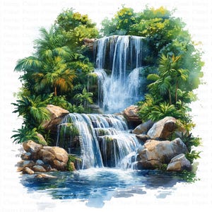 Clipart di cascate tropicali ad acquerello / 5 JPG di alta qualità / Download digitale / Arte delle cascate / Natura esotica / Immagini di collage / Clipart