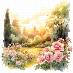 Rose Garten Clipart | 5 hochwertige JPGs | Digitaler Download | Kunst | Sonnenuntergang über Garten | Druckbare Aquarell Clipart | Hohe Auflösung