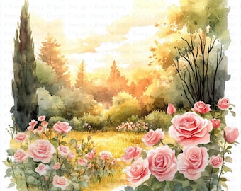Rose Garden Clipart | 5 High Quality JPGs | Digital Download | Art | Sunset over Garden | Printable Watercolor Clipart | High Resolution
