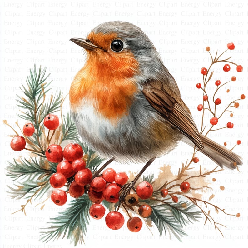 May include: A watercolour painting of a robin perched on a branch with red berries. The robin has a grey back, a red breast, and a brown tail. The branch is green and has small, red berries.
