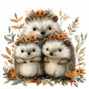 Ouriço Família Desenho Animado Clipart | 5 JPGs de Alta Qualidade | Download Digital | Arte | Boho Ouriço | Clipart de Aquarela para Imprimir | Papel Artesanal