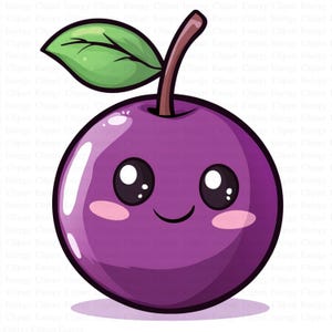 Puede incluir: Una ilustración de dibujos animados de una ciruela morada con una hoja y un tallo verdes. La ciruela tiene una cara sonriente linda con ojos grandes.