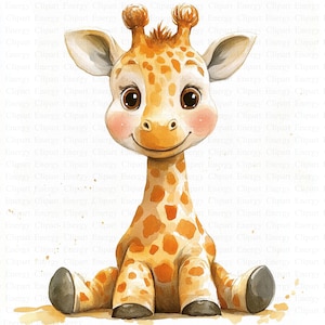 May include: A watercolour illustration of a smiling baby giraffe. The giraffe has a light brown coat with orange spots, large brown eyes, and pink cheeks. It is sitting down with its legs outstretched. The image has a soft, whimsical feel.