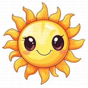 Pode incluir: Um sol de desenho animado com um rosto sorridente e olhos grandes e escuros. O sol é amarelo com raios laranja.