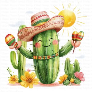 May include: A watercolour illustration of a smiling cactus wearing a sombrero and holding maracas and a decorated egg. The cactus is surrounded by other cacti, flowers, and a bright yellow sun.
