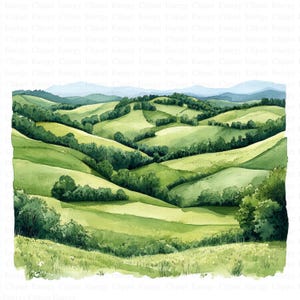 Può includere: Un dipinto ad acquerello di una collina verdeggiante con alberi lussureggianti e una catena montuosa sullo sfondo.