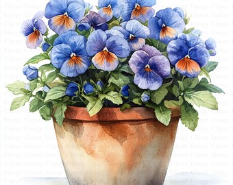 May include: A terracotta pot filled with a vibrant arrangement of blue and purple pansies. The flowers are in full bloom, with delicate yellow centers.