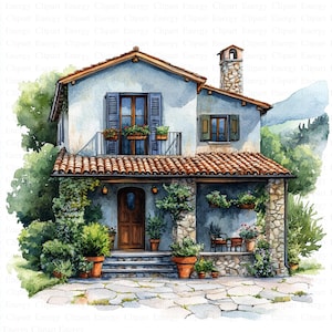 Italian Countryside Houses Clipart | 5 High Quality JPG&#39;s | Digital Download | Scenic Art | Watercolor Houses | Clipart Pack | Mixed Media