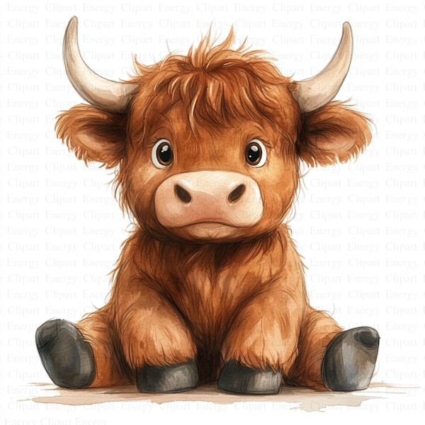 Highland Cow Baby Clipart | 5 High Quality JPG's| Digital Download | Cute Animal Art | Baby Cow Illustration | Junk Journals | Printable Art