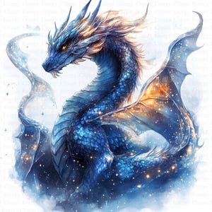 May include: A blue dragon with gold accents and a starry sky pattern. The dragon is depicted with wings spread wide, and its head is turned to the side. The background is a soft white.