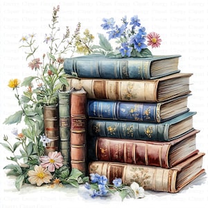 Puede incluir: Una pila de libros antiguos encuadernados en tapa dura con lomos desgastados y detalles florales coloridos. Los libros están dispuestos en una pila con el libro superior ligeramente desplazado. Las flores son una mezcla de azul, rosa y blanco.