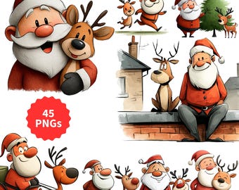 May include: A collection of watercolor illustrations featuring Santa Claus and reindeer in various poses. Santa is depicted in his traditional red suit and hat, often with a white beard. The images include the text "45 PNGs".