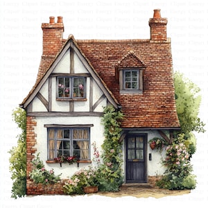 English Houses Clipart | 5 High Quality JPGs | Digital Download | Watercolor House Art | Vintage House |  Cottagecore Art | Printable Art