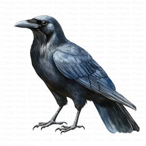 May include: A watercolor painting of a black raven with a dark blue hue. The raven is standing on a white background with its wings spread out.
