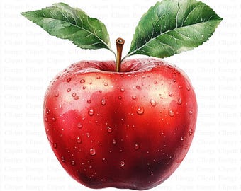 May include: A red apple with water droplets on its surface. Two green leaves are attached to the top of the apple.