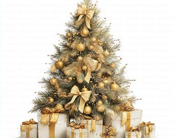 May include: A Christmas tree adorned with gold baubles, bows, and a star. Beneath the tree are wrapped presents tied with gold ribbon. The image has a gold and white colour scheme, creating a festive holiday scene.