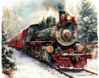 Holiday Train Clipart | 5 High Quality JPG's | Digital Download | Festive Train Illustration | Train Clipart | Clipart Pack | Mixed Media