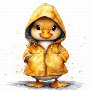 以下が含まれることがあります： フード付きの黄色いレインコートを着た、かわいい漫画の鴨。鴨は、黄色の塗料が飛び散った灰色の表面に立っています。