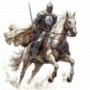 May include: A white knight in full armour rides a white horse. The knight is holding a sword and wearing a white cape. The horse is galloping forward with its mane flowing in the wind.