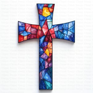 Clipart di croce in vetro colorato ad acquerello / 5 JPG di alta qualità / Download digitale / Arte religiosa della croce / Croce decorativa / Tecnica mista