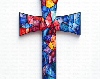 Watercolor Stained Glass Cross Clipart | 5 High Quality JPG's | Digital Download | Religious Cross Art | Decorative Cross | Mixed Media