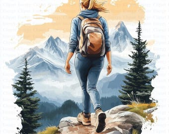 Woman Hiking Clipart | 5 High Quality JPGs | Digital Download | Mountain Hiking | Printable Watercolor Clipart | Paper Craft | Junk Journal