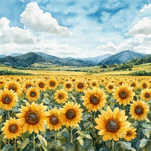 Aquarel zonnebloemen velden clipart | 5 JPG's van hoge kwaliteit | Digitale download | Bloemsierkunst | Zonnebloemillustraties | Zomerbloem | Boerderij