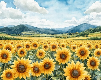 Watercolor Sunflowers Fields Clipart | 5 High Quality JPG&#39;s | Digital Download | Floral Art | Sunflower Illustrations | Summer Flower | Farm