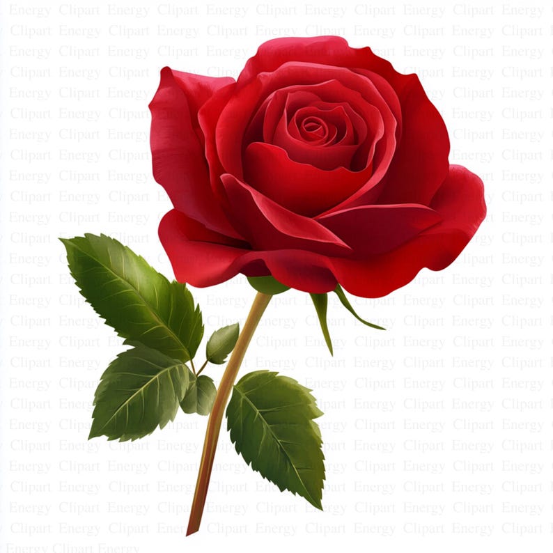 May include: A single red rose with green leaves and a stem. The rose is in full bloom and has a deep red color.