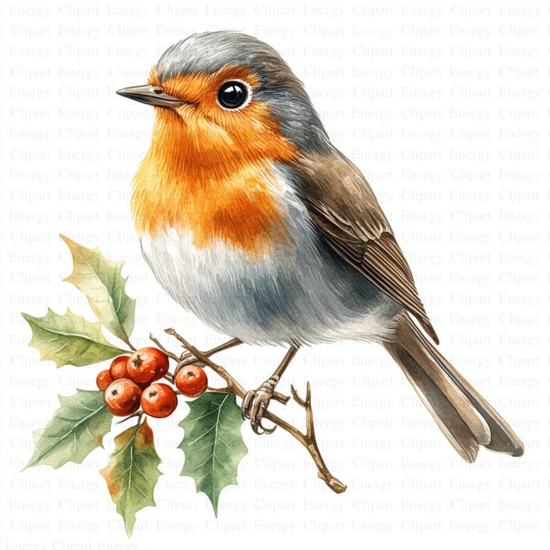 May include: A watercolour painting of a robin perched on a holly branch with red berries. The robin has a grey head, orange breast, and brown wings. The holly leaves are green and the berries are red.