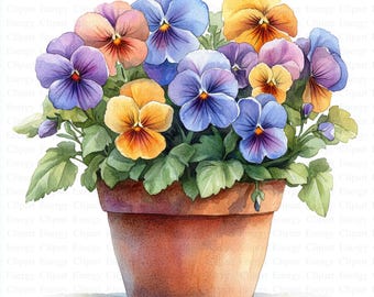 Pot of Pansies Clipart | 5 High Quality JPGs | Digital Download | Card Making | Journaling | Digital Paper Craft | Clip Art | Botanical Art