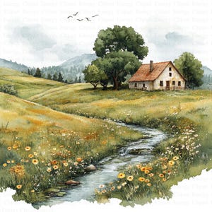 Imágenes prediseñadas de campo / 5 archivos JPG de alta calidad / Descarga digital / Ilustración rural / Pastoral / Imágenes prediseñadas de paisaje / Vida en la granja / Creación de tarjetas