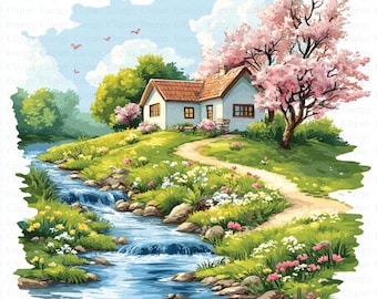 Frühling Landschaft Clipart | 5 hochwertige JPGs | Digitaler Download | Zeitschriften | Frühling Clipart | Druckbare Aquarell Clipart | Papierkunst
