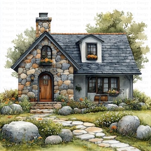 Cottage en pierre | 5 fichiers JPG de haute qualité | Téléchargement numérique | Aquarelle | Fabrication de cartes | Technique mixte | Créations numériques en papier | Clipart
