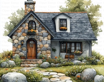 Stone Cottage Clipart | 5 High Quality JPGs | Digital Download | Watercolor Art | Card Making | Mixed Media | Digital Paper Craft | Clip Art