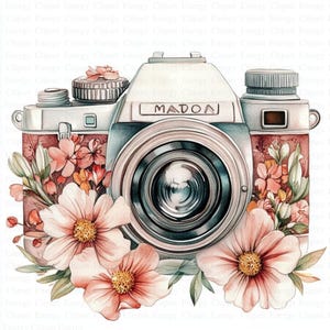 Vintage Floral Camera Clipart | 5 High Quality JPGs | Digital Download | Photo Camera | Printable Watercolor Clipart | Paper Craft | Art