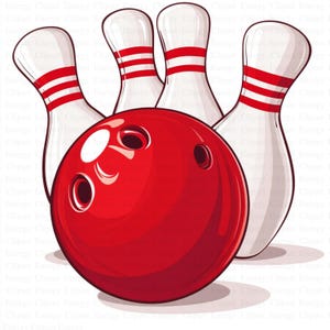 Pode incluir: Uma bola de bowling vermelha com três pinos de bowling brancos no fundo. Os pinos de bowling têm listras vermelhas.