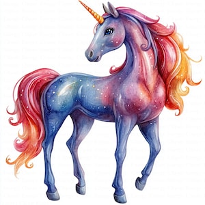 Cartoon Unicorn Clipart | 5 High Quality JPGs | Digital Download | Wall Art | Fantasy Unicorn | Printable Watercolor Clipart | Paper Craft