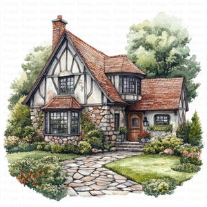 English Houses Clipart | 5 High Quality JPG's | Digital Download | Cottagecore Clipart | Printable Decor | Mixed Media | Digital crafting