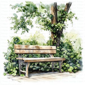 Garden Bench Clipart | 5 High Quality JPGs | Digital Download | Greenery Bench | Printable Watercolor Clipart | Paper Craft | Junk Journals