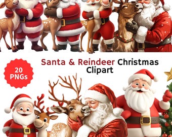 May include: A digital illustration featuring Santa Claus and reindeer in various poses. Santa is depicted in his traditional red suit and hat, often embracing the reindeer. The image includes the text "Santa & Reindeer Christmas Clipart" and "20 PNGs".