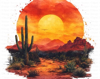 Watercolor Desert Sunset Clipart | 5 High Quality JPGs | digital download | Sunset | Desert Illustration | Sunset Vector | Commercial use