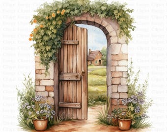 Doors on Countryside Clipart | 5 High Quality JPG's | Digital Download | Rustic Door Illustration | Countryside Clipart | Digital Crafting